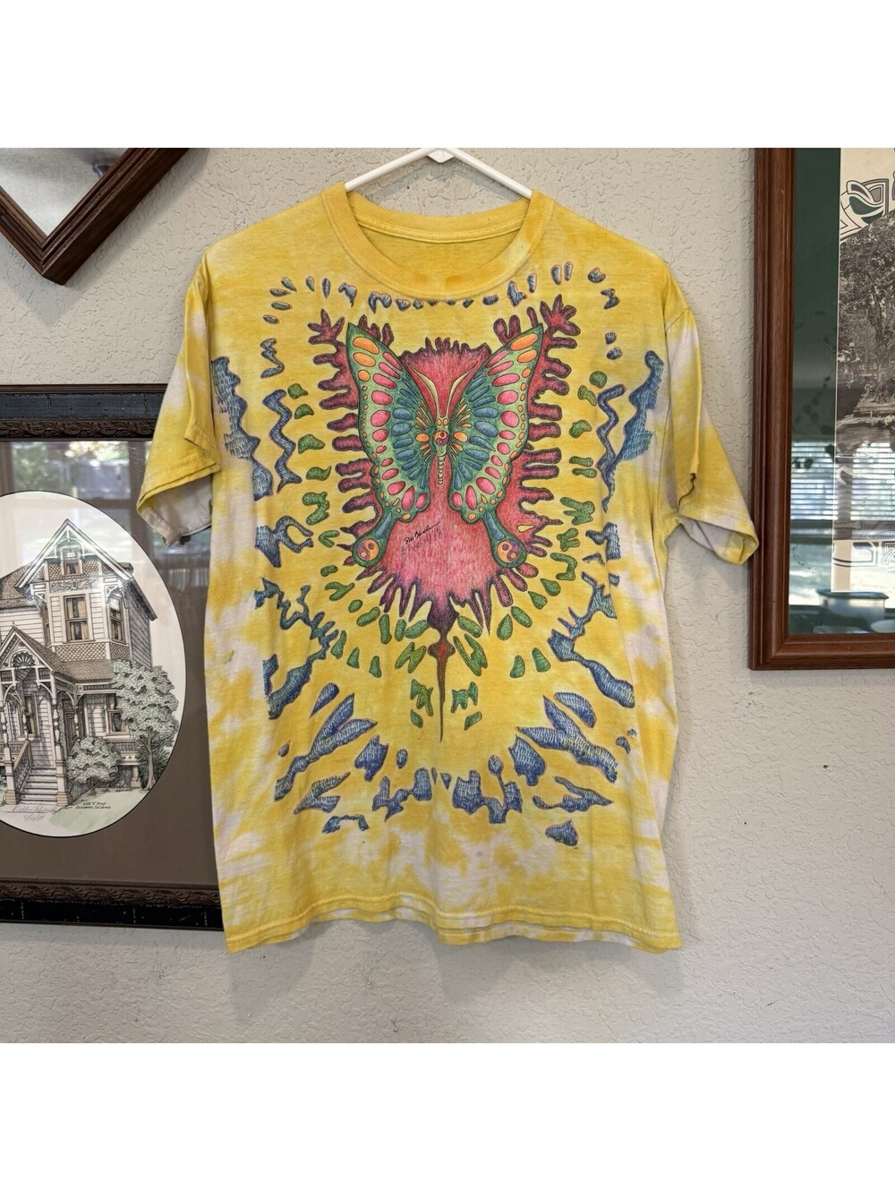 Vintage 00s RARE Colorful Custom Trippy LSD Butterfly Bardo Art Shirt Sz Large